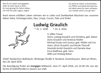 Traueranzeige von Ludwig Graulich von  Gießener Anzeiger