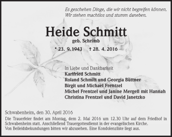 Traueranzeige von Heide Schmitt von  Allgemeine  Zeitung Ingelheim-Bingen