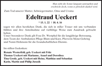 Traueranzeige von Edeltraud Ueckert von  Hochheimer Zeitung