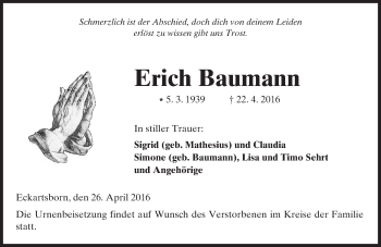 Traueranzeige von Erich Baumann von  Kreisanzeiger
