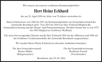 Traueranzeige von Heinz Eckhard von Trauerportal Echo Online