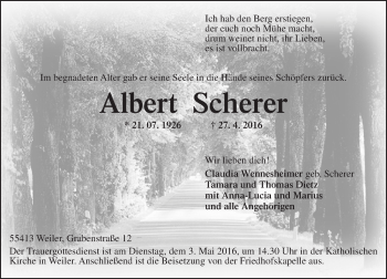 Traueranzeige von Albert Scherer von  Allgemeine  Zeitung Ingelheim-Bingen