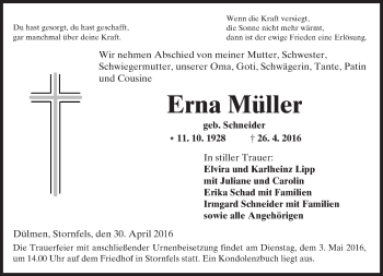 Traueranzeige von Erna Müller von  Kreisanzeiger