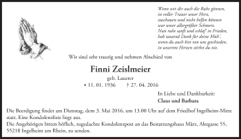 Traueranzeige von Finni Zeislmeier von  Allgemeine  Zeitung Ingelheim-Bingen