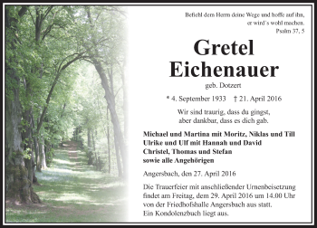 Traueranzeige von Gretel Eichenauer von VRM Trauer