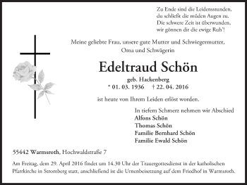 Traueranzeige von Edeltraud Schön von  Allg. Zeitung Bad Kreuznach