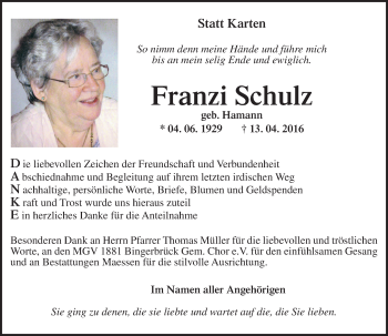 Traueranzeige von Franzi Schulz von  Allgemeine  Zeitung Ingelheim-Bingen