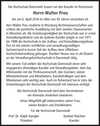 Traueranzeige von Walter Preu von trauer.echo-online.de