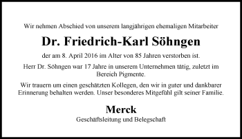 Traueranzeige von Friedrich-Karl Söhngen von Trauerportal Echo Online