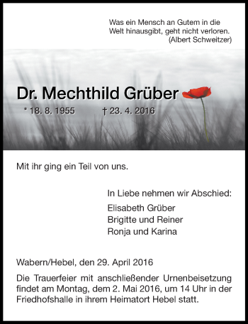 Traueranzeige von Mechthild Grüber von VRM Trauer
