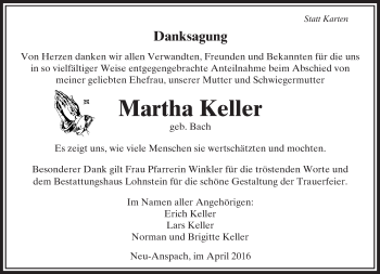 Traueranzeige von Martha Keller von  Usinger Anzeiger