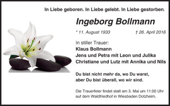 Traueranzeige von Ingeborg Bollmann von  Wiesbaden komplett