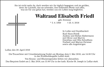 Traueranzeige von Waltraud Elisabeth Friedl von  Gießener Anzeiger