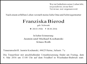 Traueranzeige von Franziska Bierod von  Wiesbaden komplett