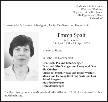 Traueranzeige von Emma Spalt von Trauerportal Echo Online
