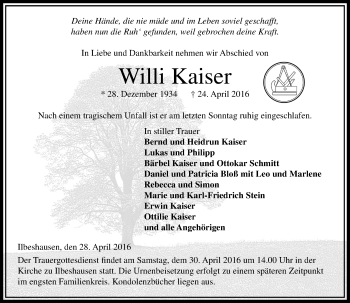 Traueranzeige von Willi Kaiser von VRM Trauer