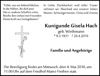 Traueranzeige von Kunigunde Gisela Hach von  Allgemeine Zeitung Mainz