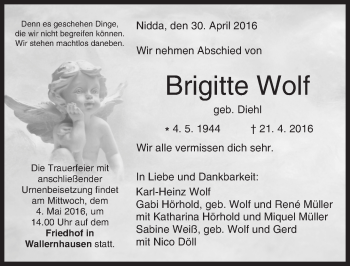 Traueranzeige von Brigitte Wolf von  Kreisanzeiger