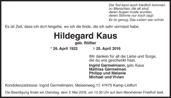 Traueranzeige von Hildegard Kaus von  Hofheimer Zeitung