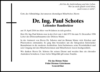 Traueranzeige von Paul Schotes von  Allg. Zeitung Bad Kreuznach