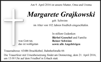 Traueranzeige von Margarete Grajkowski von trauer.echo-online.de