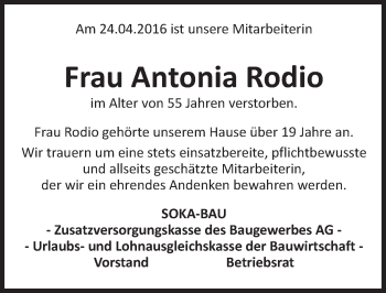 Traueranzeige von Antonia Rodio von  Wiesbaden komplett