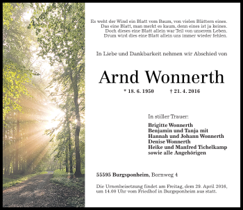 Traueranzeige von Arnd Wonnerth von  Allg. Zeitung Bad Kreuznach