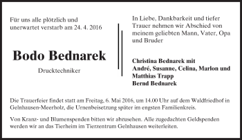 Traueranzeige von Bodo Bednarek von  Gelnhäuser Tageblatt