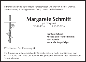 Traueranzeige von Margarete Schmitt von  Allgemeine Zeitung Mainz