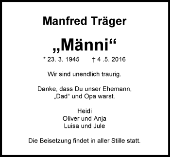 Traueranzeige von Manfred Träger von  Gießener Anzeiger