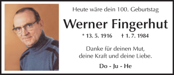 Traueranzeige von Werner Fingerhut von  Allgemeine Zeitung Mainz