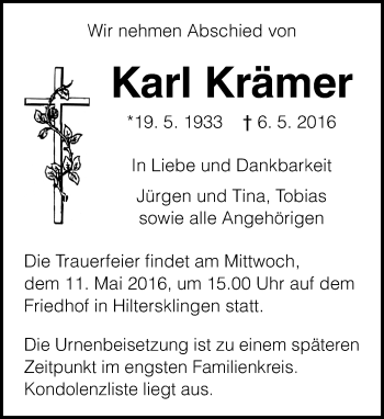 Traueranzeige von Karl Krämer von Trauerportal Echo Online