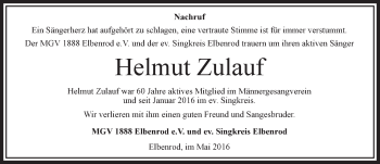 Traueranzeige von Helmut Zulauf von VRM Trauer