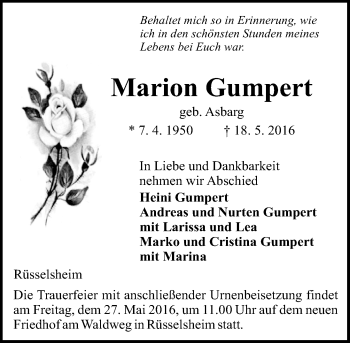 Traueranzeige von Marion Gumpert von  Mainspitze