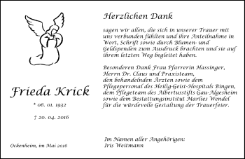 Traueranzeige von Frieda Krick von  Allgemeine  Zeitung Ingelheim-Bingen