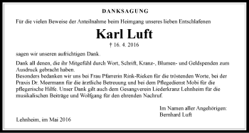 Traueranzeige von Karl Luft von  Gießener Anzeiger