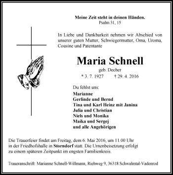 Traueranzeige von Maria Schnell von VRM Trauer