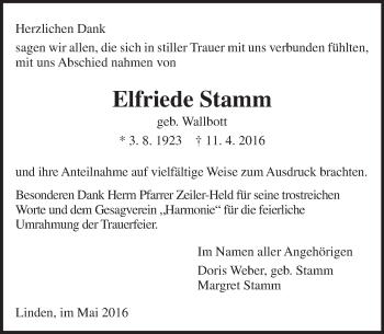 Traueranzeige von Elfriede Stamm von  Gießener Anzeiger