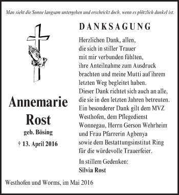Traueranzeige von Annemarie Rost von  Wormser Zeitung