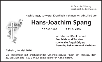 Traueranzeige von Hans-Joachim Spang von  Wormser Zeitung