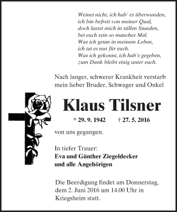 Traueranzeige von Klaus Tilsner von  Wormser Zeitung