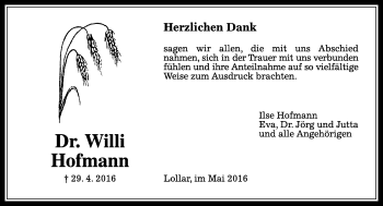 Traueranzeige von Willi Hofmann von  Gießener Anzeiger