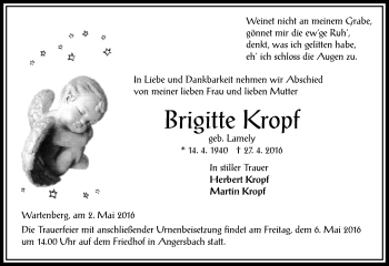 Traueranzeige von Brigitte Kropf von VRM Trauer