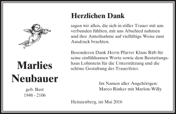 Traueranzeige von Marlies Neubauer von  Usinger Anzeiger
