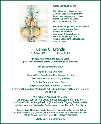 Traueranzeige von Benno C. Brands von  Allgemeine  Zeitung Ingelheim-Bingen
