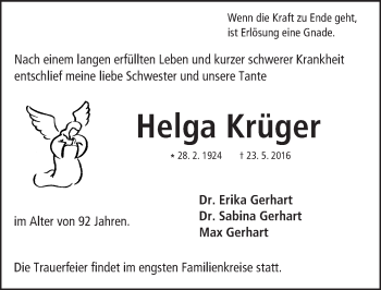 Traueranzeige von Helga Krüger von Trauerportal Echo Online