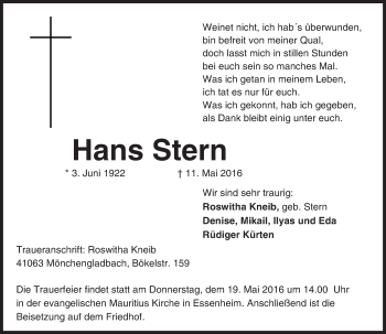Traueranzeige von Hans Stern von  Allgemeine Zeitung Mainz