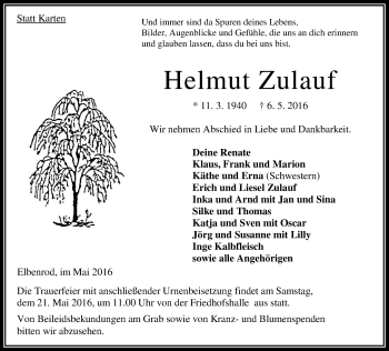 Traueranzeige von Helmut Zulauf von VRM Trauer