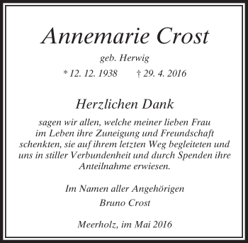 Traueranzeige von Annemarie Crost von  Gelnhäuser Tageblatt