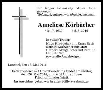 Traueranzeige von Anneliese Körbächer von  Gießener Anzeiger